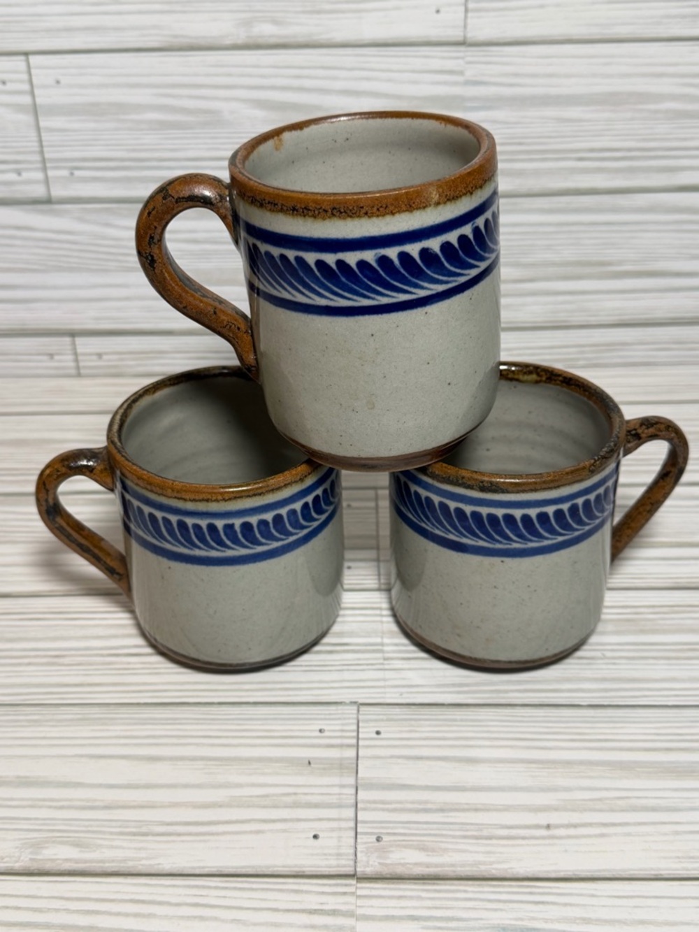 Teresa Duran Xochiquetzal Mexico Pottery Mugs Set 3 Blue Stoneware Coffee Cups